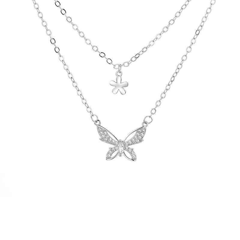 925 Silver Double Layer Butterfly and Flower Necklace