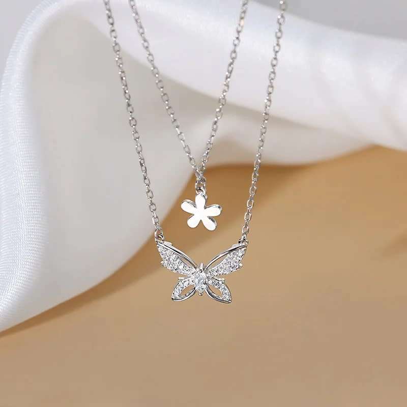 925 Silver Double Layer Butterfly and Flower Necklace