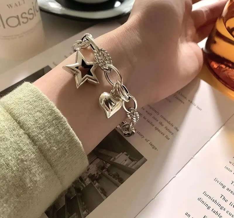 SPECIAL - 925 Silver Heart and Open Star Bracelet.
