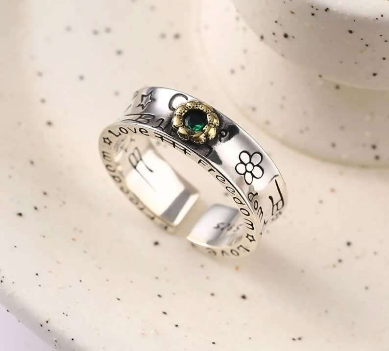 925 Silver Green Stone Flower Ring