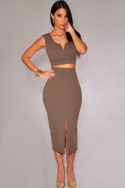 Two Piece Front Slit Cofee Top and Skirt Set