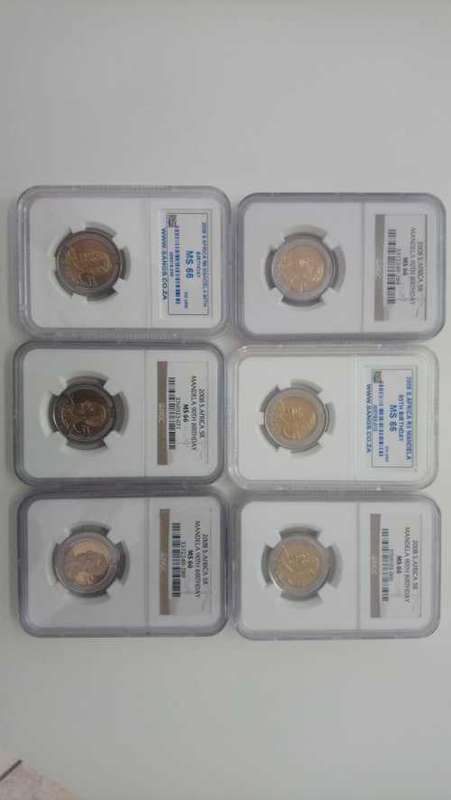 6 x 2008 Mandela 90th Birthday R5 coins (MS66 grading)