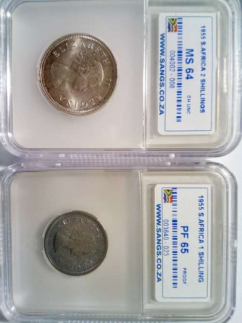 1955  2 shilling  and  1 shilling ( PF and MS GRADED )