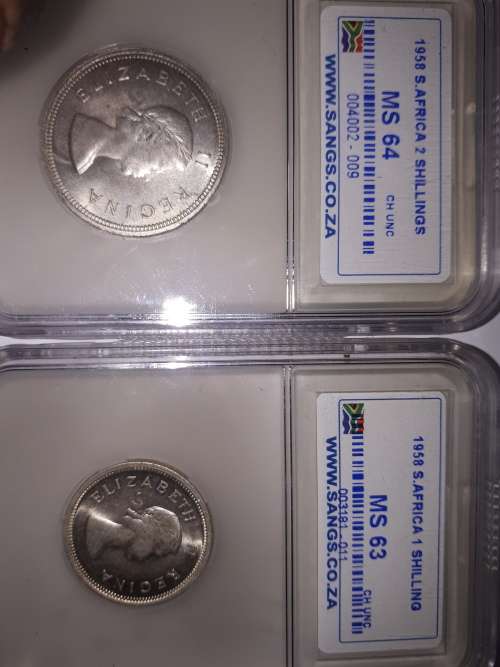 1958  1 shilling and  2shilling coins ( MS GRADING )