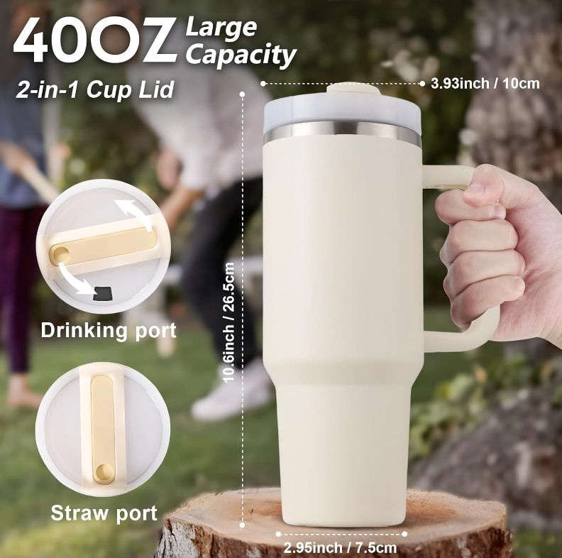 1.2L Tumbler with Handle Straw Lid, Stainless Steel Travel Mug - Cream