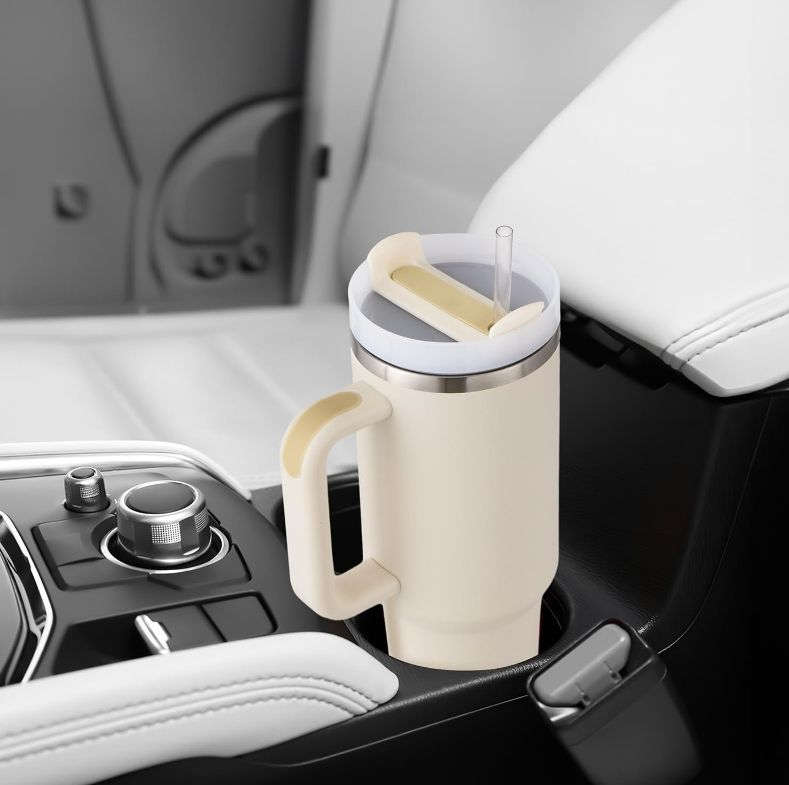 1.2L Tumbler with Handle Straw Lid, Stainless Steel Travel Mug - Cream