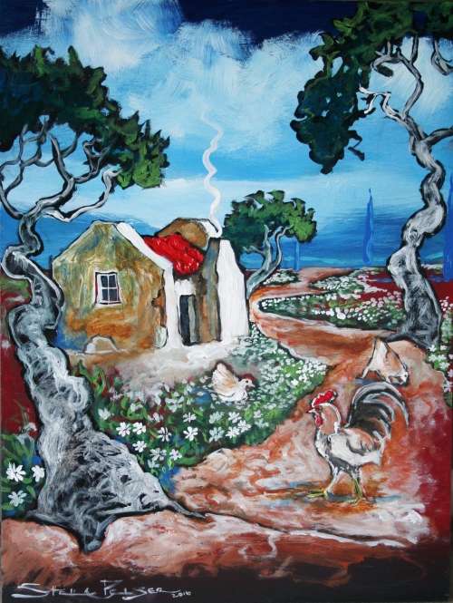 Original Stella Pelser(1970) -"Bolandse Rooidak Huisie -Hoender Haan" 400 x 300 x 6mm
