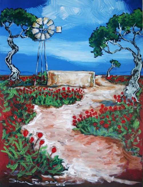 Original Stella Pelser(1970) - "Bolandse Windpomp - 'n Pad tussen Rooi Poppies" 400 x 300 x 6mm