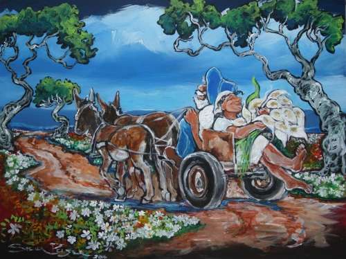 Original Stella Pelser(1970) - "Klein Karoo Donkie karretjie - Arms vol Vark Ore" 400 x 300 x 6mm
