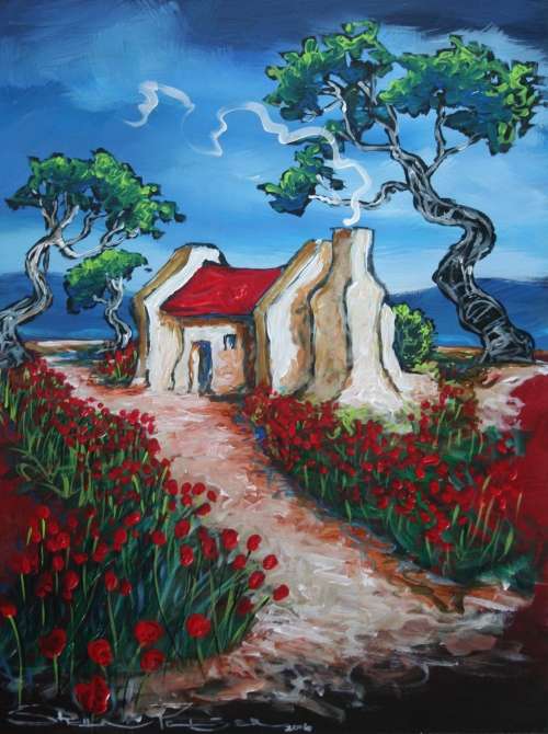 Original Stella Pelser(1970) - "Klein Karoo Rooidak Huisie -Voetpad en Papawers" 400 x 300 x 6mm
