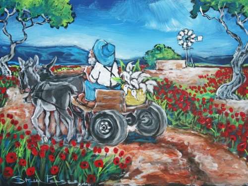 Original Stella Pelser(1970) -"Bolandse Donkie Kar-'n Mandjie vol Wit Vark Ore" 400 x 300 x 6mm