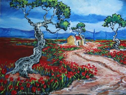 Original Stella Pelser(1970) -"Bolandse Rooidak Huisie tussen Rooi Poppies" 400 x 300 x 6mm