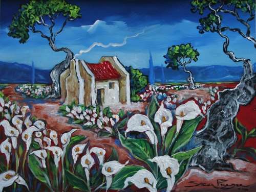 Stunning!*ORIGINAL Stella Pelser(1970-)"Bolandse Rooidak Huisie tussen Wit Vark Ore" 400 x 300 x 6mm