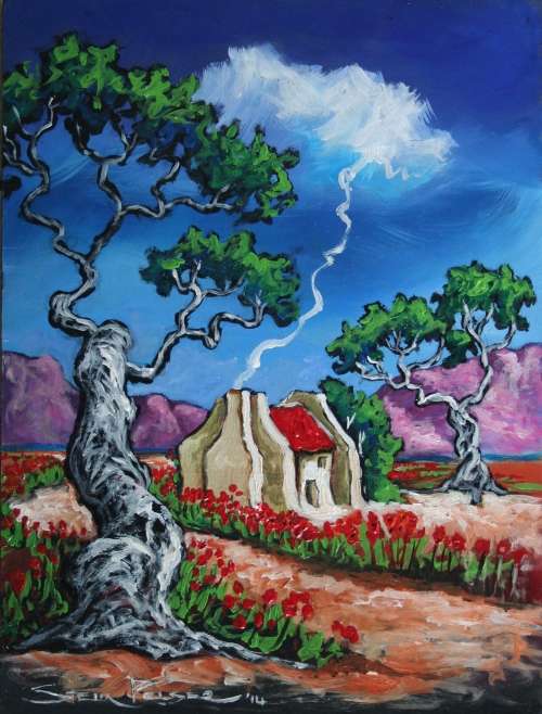 Original Stella Pelser(1970) - "Overberg - Plaas Opstal agter die Boom!" 400 x 300 x 6mm