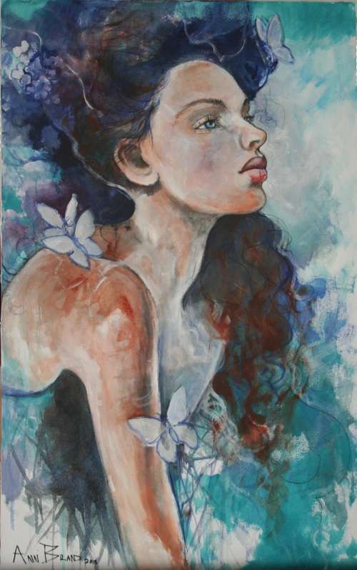 Beautiful!*Original Anni Brand (1970-) "Blue Butterflies" size: 80 x 50 cm Large on Japanese Canvas