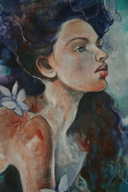 Beautiful!*Original Anni Brand (1970-) "Blue Butterflies" size: 80 x 50 cm Large on Japanese Canvas
