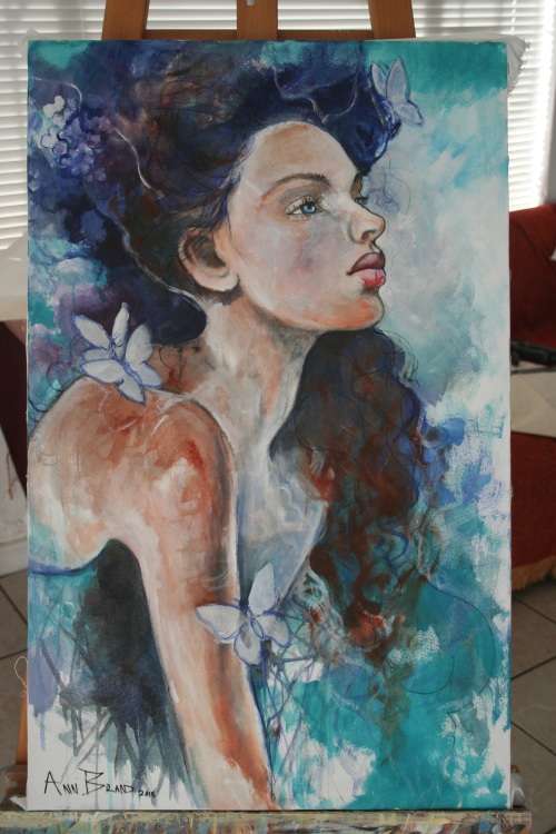 Beautiful!*Original Anni Brand (1970-) "Blue Butterflies" size: 80 x 50 cm Large on Japanese Canvas