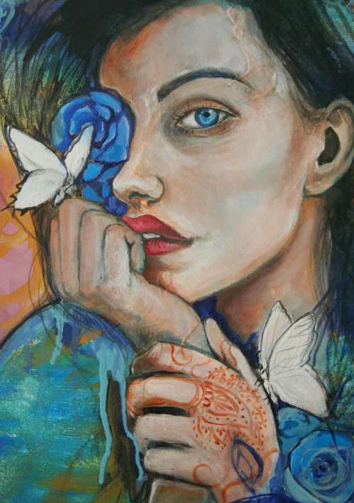 Beautiful!*Original Anni Brand (1970-) "Blue Roses & White Butterflies" 65 x 47cm Large Japan Canvas