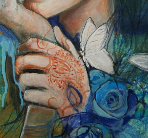 Beautiful!*Original Anni Brand (1970-) "Blue Roses & White Butterflies" 65 x 47cm Large Japan Canvas