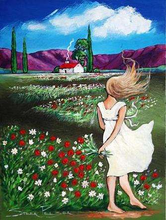 Original painting by Stella Pelser - "Bolandse Meisie met Rooi-dak plaashuisie" - 400 x300