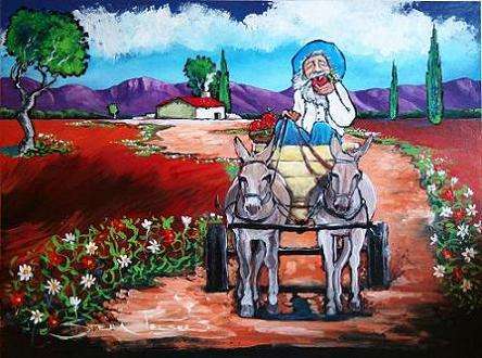 Original painting by Stella Pelser - "Ou man op Donkie Karretjie - Smul lekker!" - 400  x 300