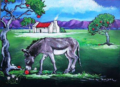 Original painting by Stella Pelser - "Boland - Donkie onder die Vrugte bome!" - 400  x 300