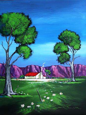 Original painting by Stella Pelser - "Rooidak-husie tussen Bloekom-bome en daisies 01" - 400  x 300