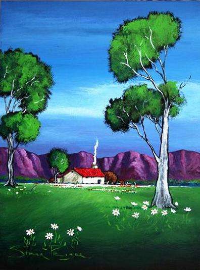 Original painting by Stella Pelser - "Rooidak-husie tussen Bloekom-bome en daisies 02" - 400  x 300