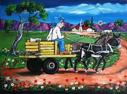 Original painting by Stella Pelser - "Boland-Ou man op Donkie Karretjie-Huis toe!" - 400  x 300