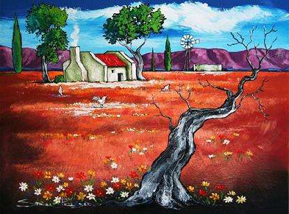 CRAZY R1!!! Original Stella Pelser - "Boland - Farmhouse with Old Tree and chickens" - 400  x 300
