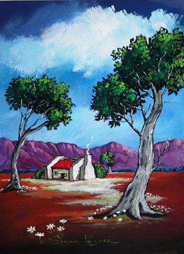 CRAZY R1!!! Original Stella Pelser - "Boland - Rooidak huisie tussen Bome" - 400  x 300
