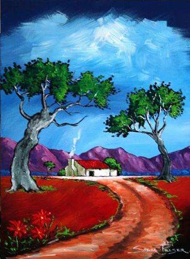 CRAZY R1!!! Original Stella Pelser - "Boland - Plaaspad met Daisies" - 400  x 300