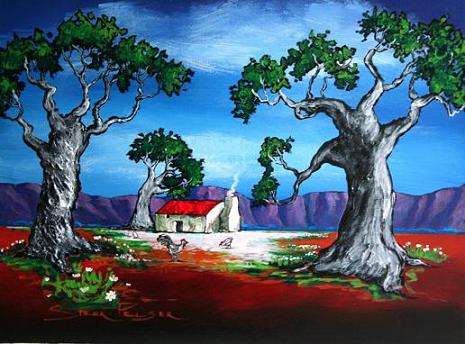 CRAZY R1!!! Original Stella Pelser - "Boland - Plaashuis met hoenders tussen Bome!" - 400  x 300