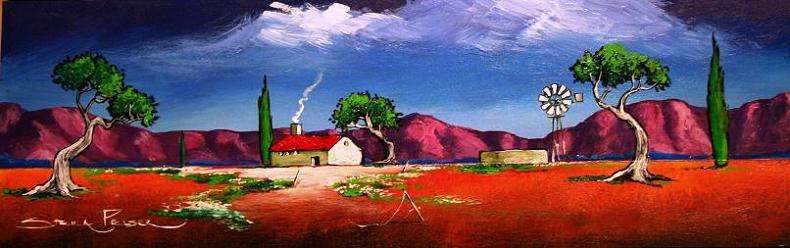 CRAZY R1!!! Original Stella Pelser - "Rooidak plaas-huisie met Windpomp" - 475  x 150