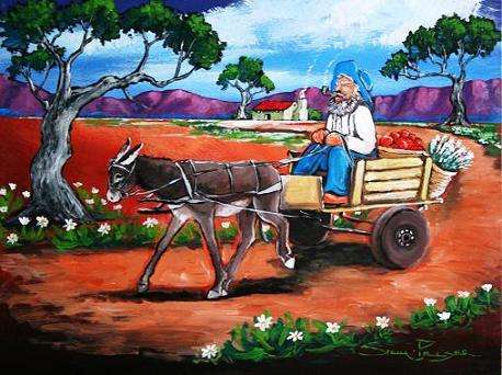 CRAZY R1!!! Original Stella Pelser - "Boland - Ou man met Donkie karretjie - Mark toe!" - 400  x 300