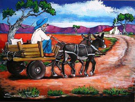 CRAZY R1!!! Original Stella Pelser - "Boland - Ou man met Donkie karretjie - Huis toe!" - 400  x 300