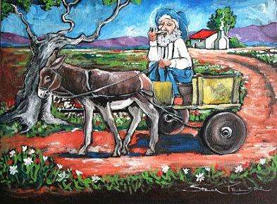 Original Stella Pelser (1976-)Acrylic on Canvas (hang as is!) "Ouman en Donkie Kar!" - 400 x 300 x45