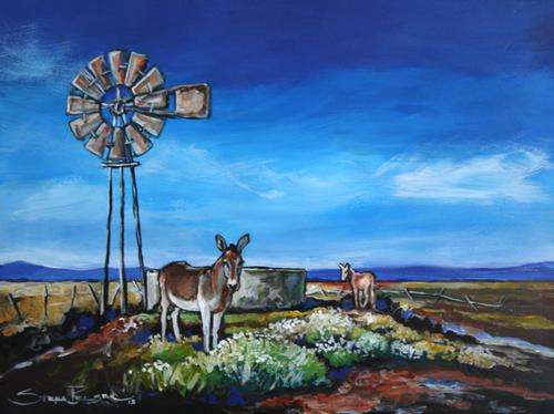 STELLA PELSER ORIGINAL - INVESTMENT ART-(1976) -Boland - "Donkie by die Windpomp!" 400 x 300 x 9mm