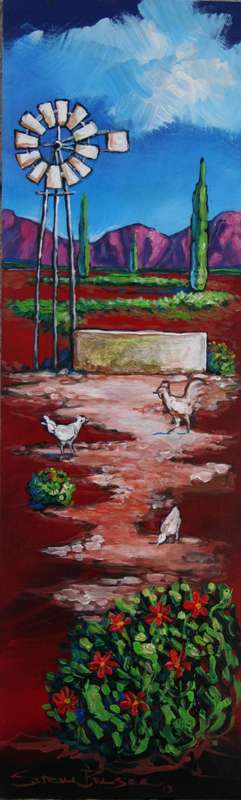 Original Stella Pelser (1970) - "Boland - "Windpomp met hoendertjies - 01" size 475 x 150 x 6mm