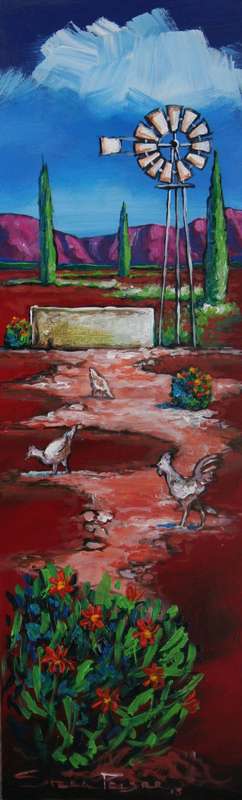 Original Stella Pelser (1970) - "Boland - "Windpomp met hoendertjies - 02" size 475 x 150 x 6mm