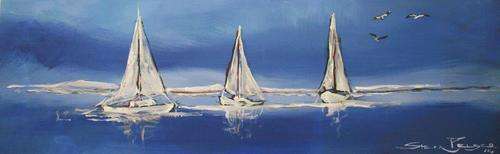 Original Stella Pelser(1970) - "Weskus -Drie Bootjies in die Baai!" 475 x 150 x 6mm