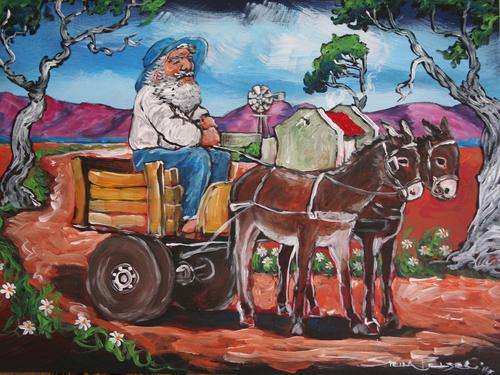Original Stella Pelser(1970) - " Boland - Ou man met Donkie Kar!" 400 x 300 x 9mm