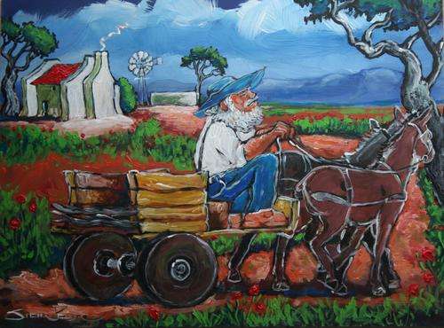 Original Stella Pelser(1970) - "Boland - Ou man op Donkie Kar!" 400 x 300 x 6mm