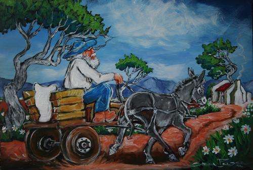 Original Stella Pelser(1970) - "Boland  - Ou man op Donkie kar!" 400 x 300 x 6mm