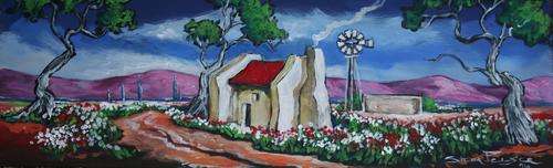 Original Stella Pelser(1970) - "Overberg - Plaas Huisie met Windpomp" 475 x 150 x 6mm