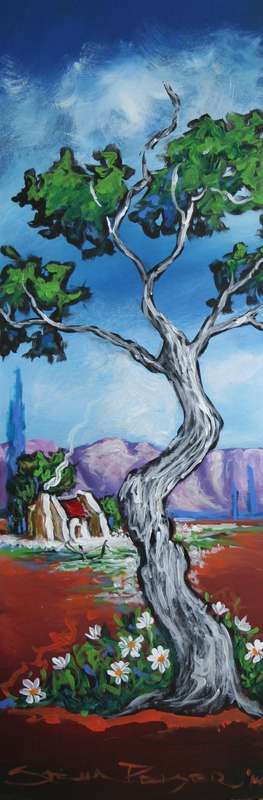 Original Stella Pelser(1970) - "Overberg - Rooidak Huisie agter die Boom" 475 x 150 x 6mm