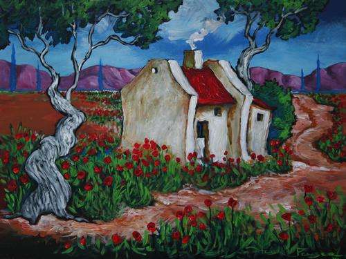 Original Stella Pelser(1970) - "Boland - Plaas Pad verby die Rooidak Huisie!" 400 x 300 x 6mm