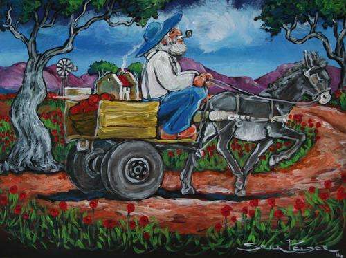 Original Stella Pelser(1970) - Boland  - "Ou Man op Donkie Kar " 400 x 300 x 6mm