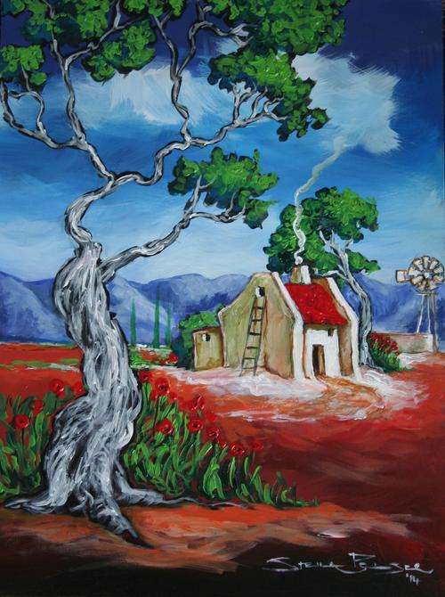 Original Stella Pelser(1970) - "Overberg - Plaas Opstal agter die Boom!" 400 x 300 x 6mm