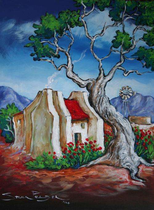 Original Stella Pelser(1970) - "Overberg - Rooidak huisie agter die Boom " 400 x 300 x 6mm